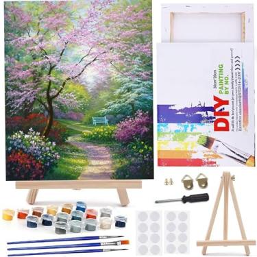 Imagem de MaiMMaledy Kit de pintura por números 20 x 30 cm L para adultos iniciantes imagens em tela com pintura de desenho emoldurado pigmento acrílico com triângulo de madeira cavalete caminho de jardim