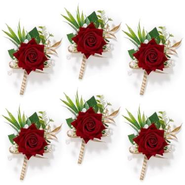Imagem de Serwalin 6 peças de flor de rosa vermelha para homens, padrinhos de casamento, padrinhos, flor na lapela para cerimônia de casamento, aniversário, baile, flores, jantar formal, vermelho