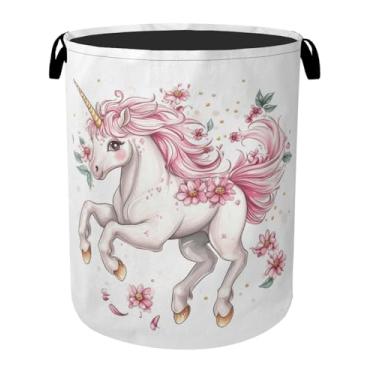 Imagem de Cesta de roupa suja dobrável de unicórnio rosa com alças - organizador de brinquedos, resistente para casa, quarto, dormitório, banheiro