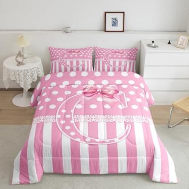 Imagem de jejeloiu Conjunto de edredom com laço rosa, solteiro, personalizado, letra C, para meninos e meninas, edredom com pontos brancos, monograma, estilo princesa romântica, iniciais C, decoração, 2 peças