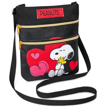 Imagem de Peanuts Snoopy Bolsa tiracolo feminina para crianças, adolescentes e mulheres, bolsa de ombro moderna, Preto, 9.44x7.87x0.19inch, Bolsa tiracolo