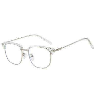 Imagem de Armação de óculos masculina ultraleve de metal elipse meia armação anti-luz azul lente transparente, prateada transparente, C