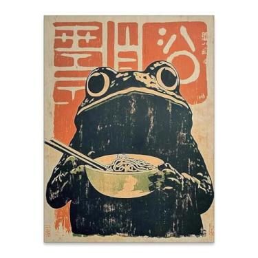 Imagem de Pôster de sapo vintage impressões japonesas engraçadas sapo comendo ramen arte de parede exclusiva decoração de cozinha 28 x 35 cm sem moldura para sala de jantar, quarto ou sala de estar