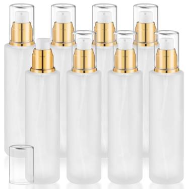 Imagem de 8 frascos de vidro fosco de 120 ml recarregáveis, frascos de loção de viagem com cabeça de bomba de plástico para higiene pessoal, base líquida, creme, amostras cosméticas - dourado