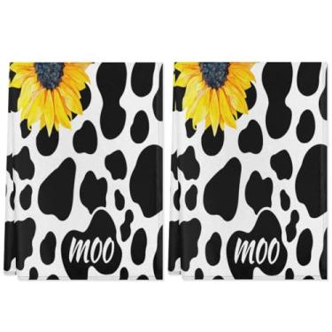 Imagem de Conjunto de 2 toalhas de cozinha reutilizáveis de flor de vaca com 2, panos de prato absorventes de poliéster com laço para pendurar, panos de prato decorativos laváveis para limpeza de cozinha