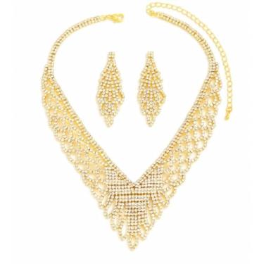 Imagem de Conjunto Colar Brinco Dourado Zircônia Cúbica - Casamento Festa Formatura Debutante - Presente Noiva Madrinha Mãe Namorada Amiga - Luxo Réveillon Ano Novo