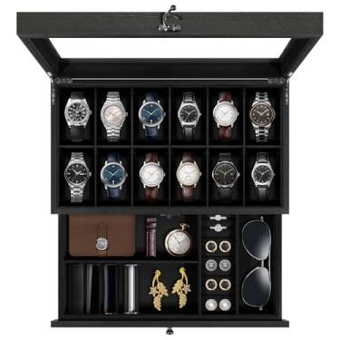 Imagem de Uten Caixa de relógio com 12 compartimentos, caixa de exibição de relógio de madeira maciça de 2 camadas com tampa de vidro, organizador de relógio com almofada macia e forro de veludo, caixa de