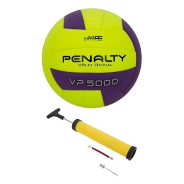 Imagem de Bola de Vôlei Penalty VP 5000 Oficial Amarela Roxa + Bomba | Bola Profissional Indoor Sem Costura Ultra Fusion Câmara Butil Airbility 6D Macia e Resistente | Kit Completo Treino e Jogo