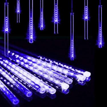 Imagem de Luzes Solares De Chuva De Meteoros Led Ao Ar Livre, 30 Cm 8 Tubos De Luzes Solares De Meteoro à Prova D'água Luzes De Corda De Meteoro Solar Para Decoração De Casamento E Ja, Blue