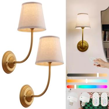 Imagem de HEQIQEH Arandelas de parede de bateria rústica conjunto de 2 lâmpadas de parede internas vintage de latão com braço curvo e sombra de tecido de linho, LED 15 cores recarregável por USB, luz de parede