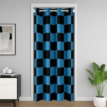 Imagem de Cortina divisória quadriculada para adolescentes mulheres homens azul preto xadrez cortina para porta privacidade 86 x 203 cm 1 painel bonito retrô neutro quadriculado geométrico capa de armário