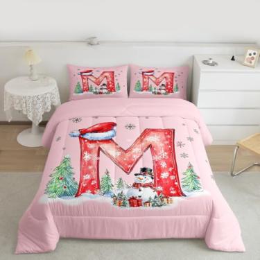 Imagem de Feelyou Conjunto de edredom com árvores de Natal, solteiro, letra M, para crianças, meninos, meninas, boneco de neve, chapéu de Papai Noel, edredom personalizado, letra M, arte abstrata, monograma, 2