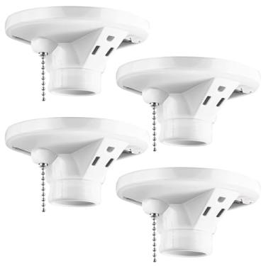 Imagem de Saysurey Pacote com 4 soquetes de luz de porcelana com corrente de puxar soquete de lâmpada com tomada aterrada base E27/e26 suporte de caixa de porcelana para iluminação interna de armário de garagem
