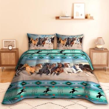 Imagem de Namoxpa Conjunto de edredom de cavalo, verde e marrom, para crianças, adolescentes e adultos, conjunto de edredom decorativo com 2 fronhas, tamanho casal