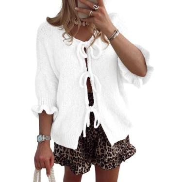 Imagem de Suéteres de cardigã Saodimallsu Tie Front Bow femininos brancos