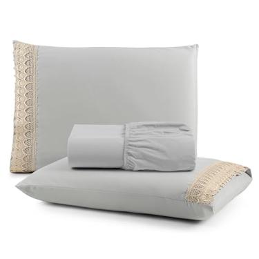 Imagem de Jogo de Lençol 100% Algodão Percal 200 Fios, 3 Peças com Elástico, Tamanhos Solteiro, Casal, Queen e King (Cinza, Queen 3 Peças)