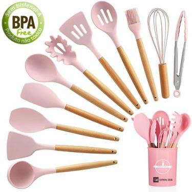 Imagem de Kit 12 Utensílios de Cozinha Silicone Conjunto Cabo de Madeira Copo Su