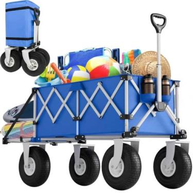 Imagem de Vagão de praia azul com rodas grandes para areia - vagões dobráveis de 25,4 cm para uso pesado carrinho grande dobrável para todos os terrenos para acampamento