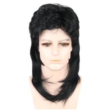 Imagem de LeMarnia Perucas masculinas de fantasia dos anos 80, perucas de tainha preta para homens, peruca de festa de Halloween