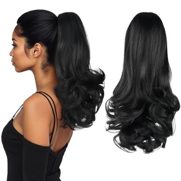 Imagem de HEWEICSY Extensão de rabo de cavalo, rabo de cavalo com clipe para mulheres, clipe de garra de 35,5 cm em extensão de cabelo de pônei ondulado curto encaracolado para mulheres - preto natural
