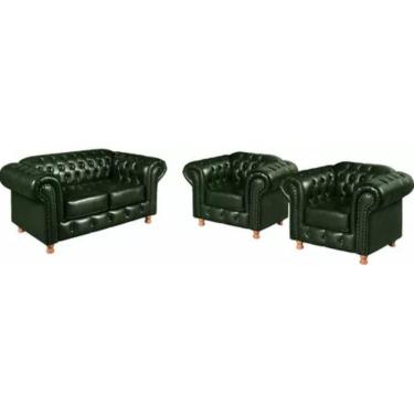 Imagem de Conjunto Sofá 2 Lugares E 2 Poltrona Chesterfield Luís Xv Vintage Retrô Capitonê Couro Verde