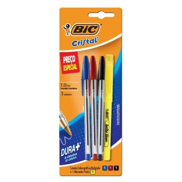 Imagem de Kit escrita Cristal 1.0 com 3 unidades e 1 marca texto Bic