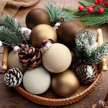Imagem de Suilung 12 peças de enfeites de bola de Natal com textura neutra rústica fosca decoração de árvore de Natal 6 cm bronze metálico bolas de natal inquebráveis casa de fazenda moderna decoração de Natal