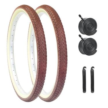 Imagem de Pneus de bicicleta, HUIOK 24 x 2,125 Pneus dobráveis para cruzador de praia de substituição com tubos e alavancas para bicicletas híbridas Beach City Commuter (24 x 2,125-2 pneus - marrom)
