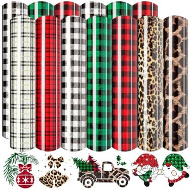 Imagem de 13Pcs Christmas Vinyl for Cricut,12x10 Inch Black White Red Green Plaid HTV Iron on, Leopard Pattern Print Vinyl Bundle for DIY T-Shirt