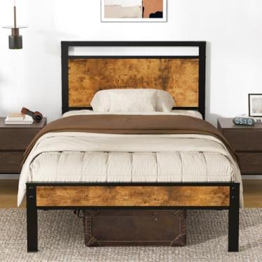 Imagem de Z-hom Estruturas de cama de solteiro atualizadas, estrutura de cama resistente de metal resistente, tamanho solteiro com cabeceira e pés de madeira modernos, armazenamento de cama de plataforma