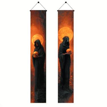 Imagem de BlissYard Banner de varanda de esqueleto Grim Reaper Halloween 30,5 x 188 cm laranja brilhante crânio assustador faixas de boas-vindas faixas penduradas Halloween assustador decoração de casa