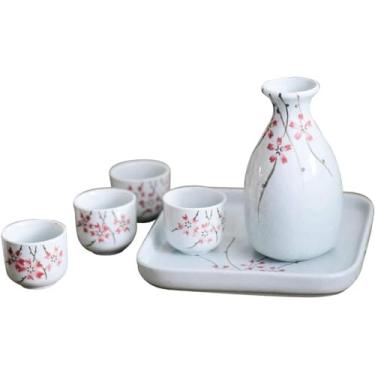 Imagem de TLTDSMY Conjunto de 6 peças de saquê com bandeja de cerâmica, conjunto de cerâmica de saquê japonês durável com 1 garrafa de saquê e 4 copos de saquê, A