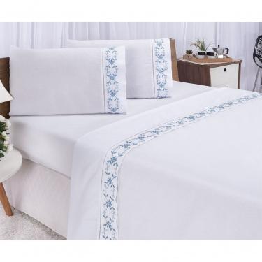 Imagem de Jogo Lençol Veneza Quarto Casal Queen Bordado 4 Peças 2fronha Cor: Branco Com Azul