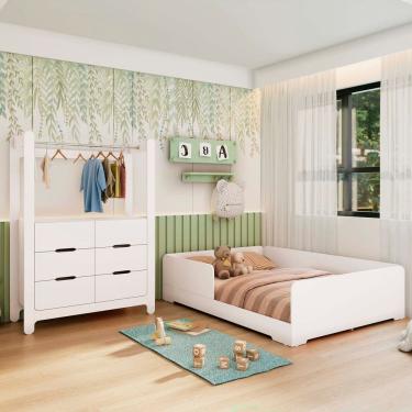 Imagem de Quarto Infantil Completo Guarda-Roupa Closet e Cama Casal Montessoriana 100% MDF Olivia e Mark Branco