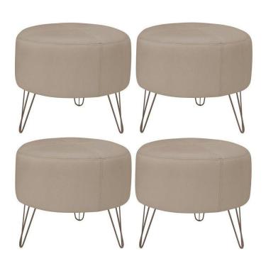 Imagem de Kit 4 Puffs Decorativos Redondo Pés Metal Couro Bege - Gran Belo