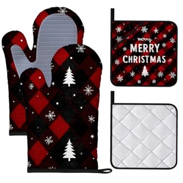 Imagem de BVBOX Conjunto de 4 luvas de forno e pegadores de panela de Natal resistentes ao calor com superfície de silicone antiderrapante para cozinha, cozinha, assar, grelhar (Natal, losango, vermelho, preto