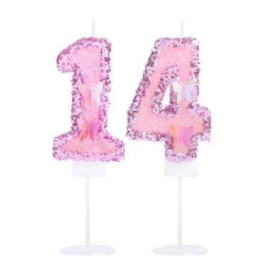 Imagem de Kinsynko Número 14 vela de lantejoulas rosa 14 velas de aniversário para princesas meninas 14 anos tema borboleta decorações de festa topo de bolo
