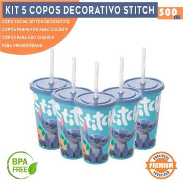 Imagem de Kit 5 Copos Stitch 500ml Filme Personalizado Com Tampa e canudo Bpa Fr