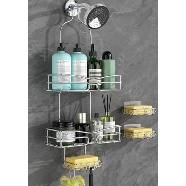 Imagem de DAOYA Suporte de chuveiro sobre o chuveiro – Suporte de chuveiro de 2 camadas para pendurar com 2 suportes de sabão móveis, organizador de banheiro suspenso de aço inoxidável com corrimão alto para