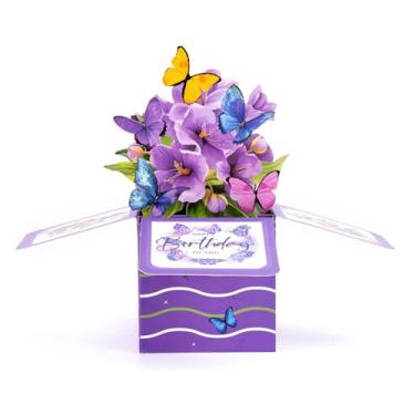 Imagem de Surpresa Pop Up Happy Birthday Cards - 3D Butterflies & Forever Flower Bouquet Cartão de Natal para Mulheres Esposa Mãe Filha Irmã Presente de Natal, Cartão Festivo de Férias, Roxo Claro