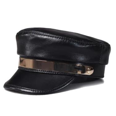 Imagem de Chapéus femininos de couro genuíno Europa/América Steet Letter Golden Belt Flat Top Hat Casual Militar Preto 56 57 cm