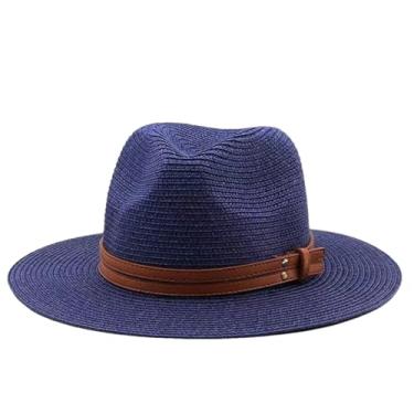 Imagem de Chapéu de palha de verão masculino e feminino chapéu de palha panamá festa ao ar livre piquenique para-sol bacia boné jazz azul marinho XL58-60 cm