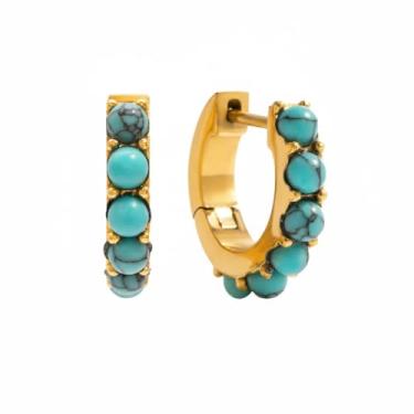 Imagem de Brincos de argola femininos de cartilagem turquesa Boho - Brincos de argola pequenos redondos de aço inoxidável com pedras preciosas naturais com contas Tragus Huggie Hoops, punhos banhados a ouro 18