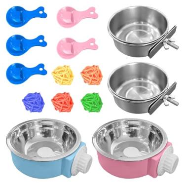 Imagem de Pacote com 4 copos de prato de alimentação de pássaros de aço inoxidável com 5 colheres coloridas e 5 bolas de vime, para chinchila, papagaio, calopsita, conure, periquitos, hamster, animais pequenos