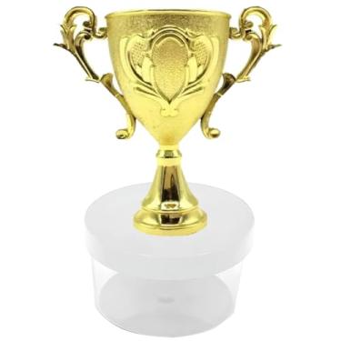 Imagem de Kit Lembrancinha Tema Futebol: Caixinha Acrílica Redonda + Mini Troféu Dourado Decoração Mimos Festa Campeão (10 Taça 10 Caixa Tampa Branca)