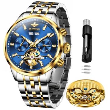 Imagem de OLEVS Relógio masculino automático, esqueleto, mecânico, clássico, luxuoso, com corda automática, calendário azul, aço inoxidável, à prova d'água, relógios de pulso para homens
