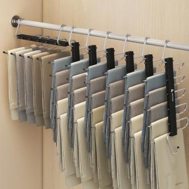 Imagem de Pacote com 6 cabides organizadores de armário que economizam espaço – cabide de calça de 5 camadas para jeans, shorts e saias | Solução de armazenamento vertical | Acabamento preto resistente