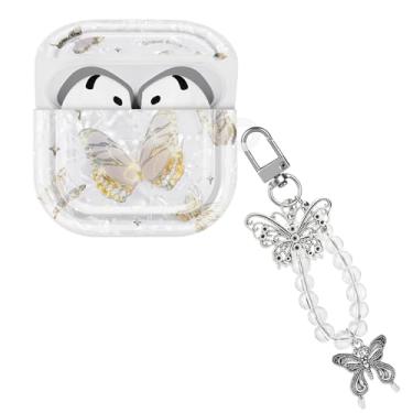 Imagem de CameCosy Capa protetora compatível com AirPods 4 geração com pingente de borboleta, capa de design de concha de pérola com estampa de borboleta para meninas, à prova de choque, antiarranhões