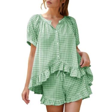 Imagem de Conjunto de pijamas femininos de guingão Flygo, 2 peças, conjuntos de 