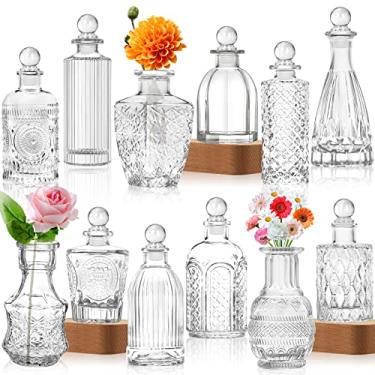 Imagem de BudVases Conjunto de 12, vidro transparente com 8 tampas, vasos pequenos para flores, em relevo, garrafa vintage para decoração de mesa e centro de mesa de casamento